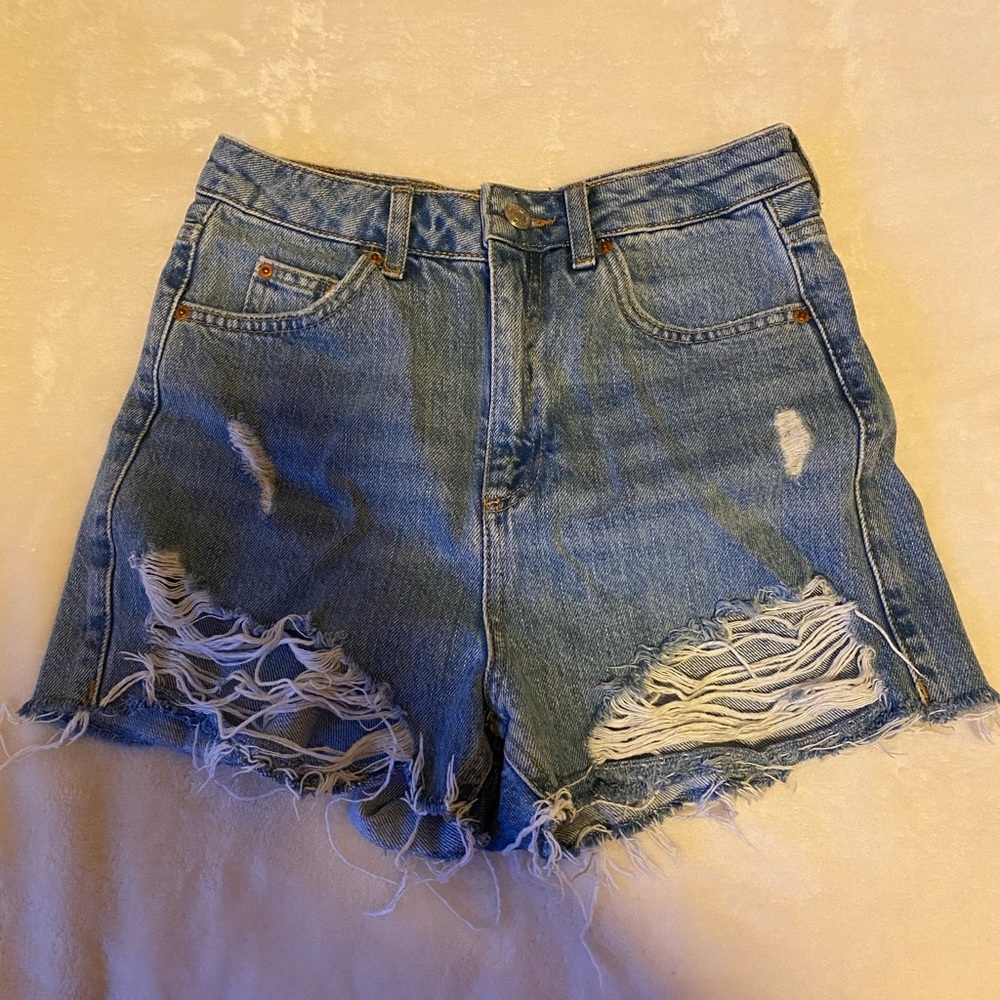 Topshop Medium Blue Distressed Denim Shorts